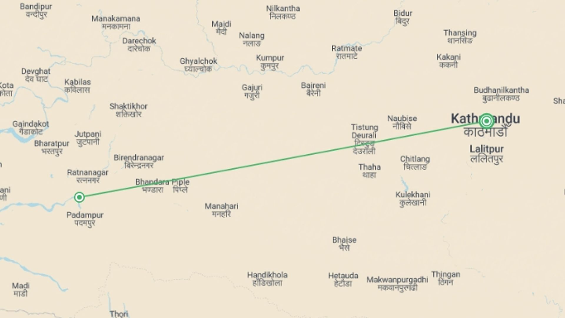 A map showing the tour itinerary for the trip: Chitwan Jungle Safari - 2 Nights and 3 Days , starting in Kathmandu, Nepal and ending in Kathmandu, Nepal going through 1 other destinations.