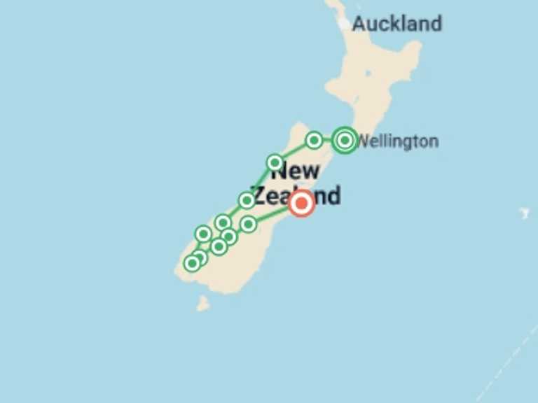 Map of Oceania Tour with 9 destination visits for the trip: Wellington & South Island - 14 days