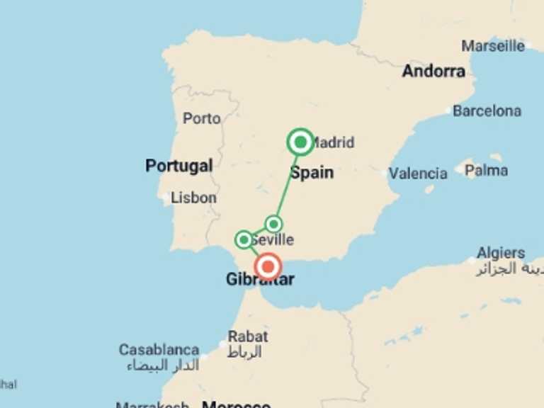 Map of Costa del Sol Explorer Tour with 3 destination visits for the trip: Madrid & Cordoba to Costa del Sol - 3 days