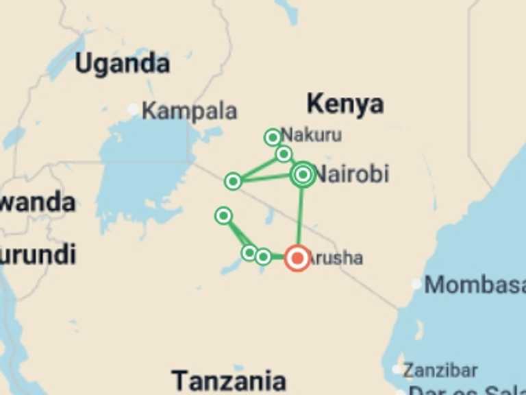 Map of Nairobi Tour with 8 destination visits for the trip: Journeys: Kenya & Tanzania Safari