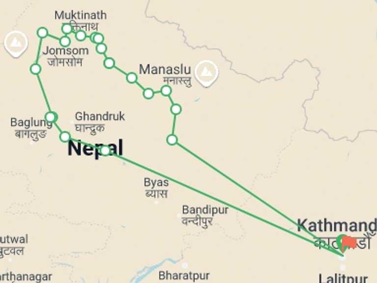 Map of 14-Day Pokhara Tour with 15 destination visits for the trip: Annapurna Circuit  Trek