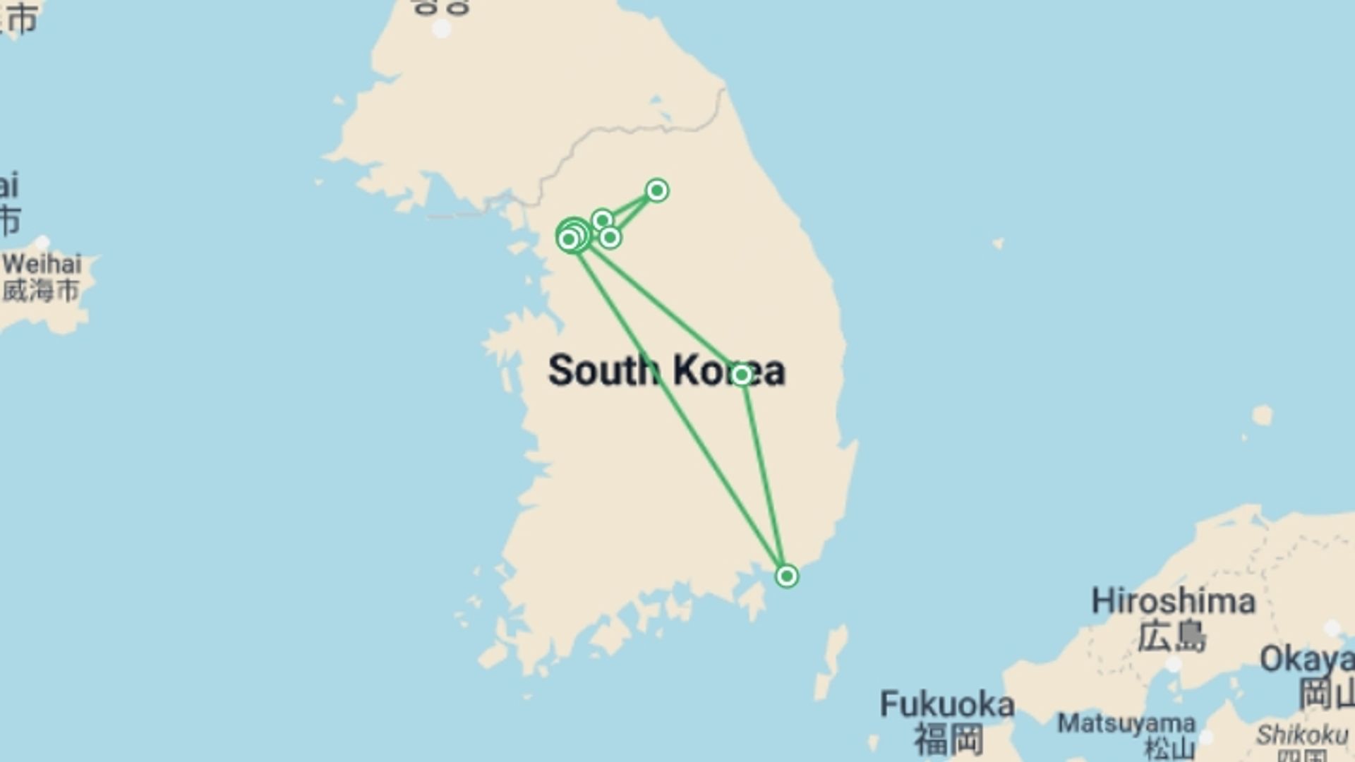 A map showing the tour itinerary for the trip: Authentic Korea by Bicycle, starting in Seoul, South Korea and ending in Seoul, South Korea going through 6 other destinations.