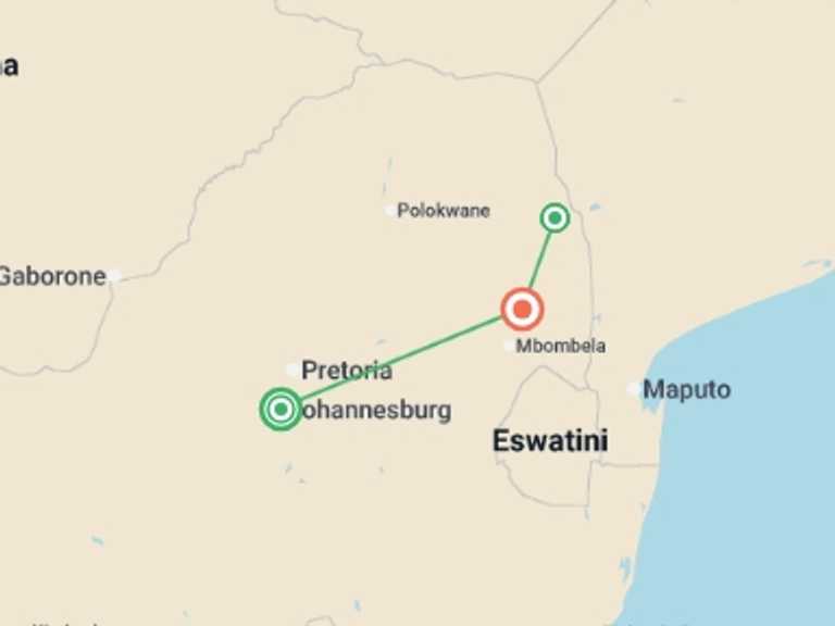 Map itinerary of South Africa Tour in Fall with 3 destination visits for the trip: Essential Kruger Safari