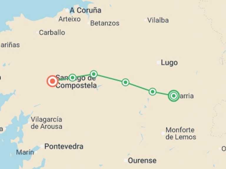 Map of Spain Tour with 5 destination visits for the trip: Camino de Santiago Walking Experience 7D/6N (from Sarria)