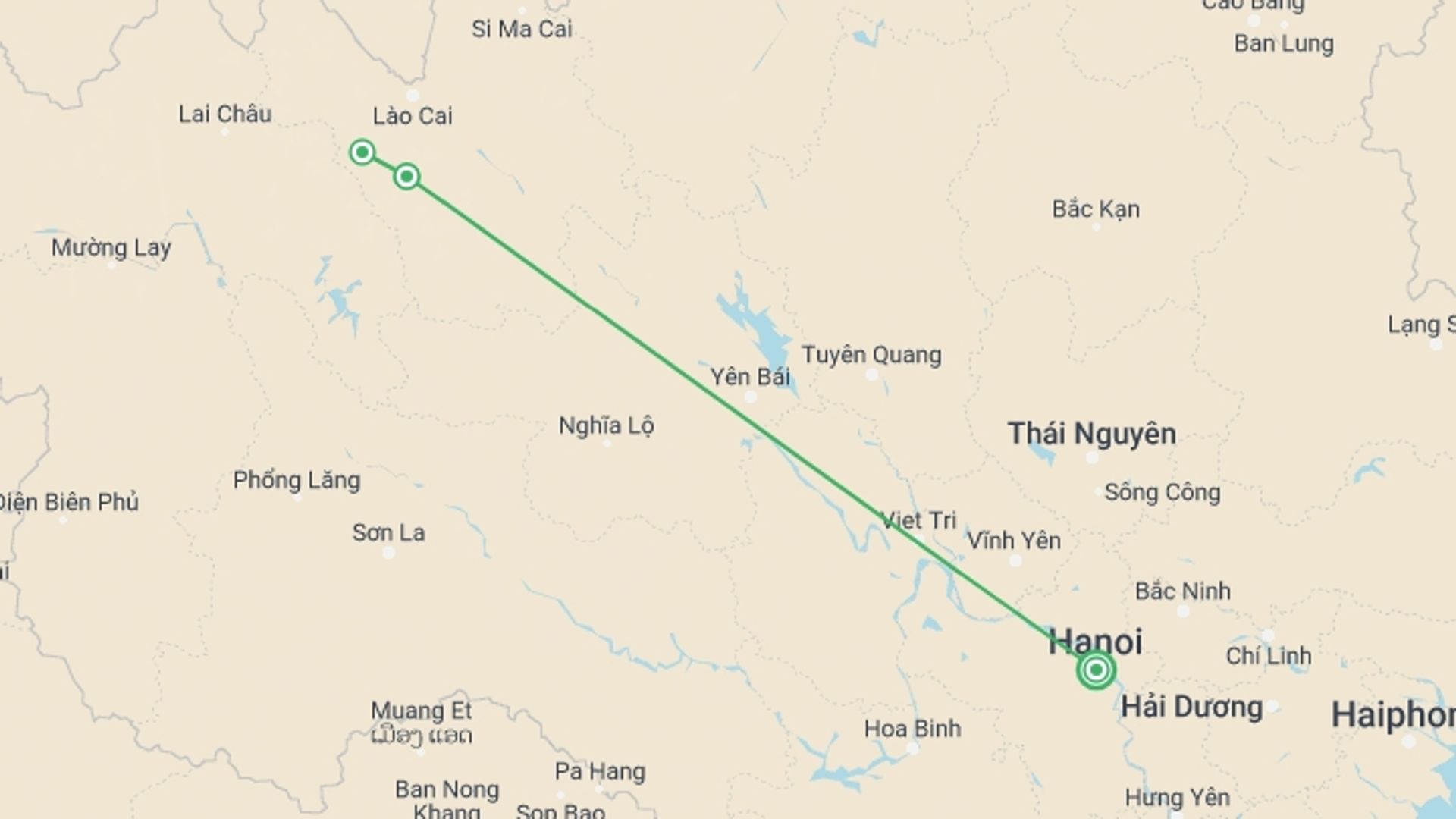 A map showing the tour itinerary for the trip: Sapa Trekking - Trails of the Red Dao, starting in Hanoi, Vietnam and ending in Hanoi, Vietnam going through 2 other destinations.