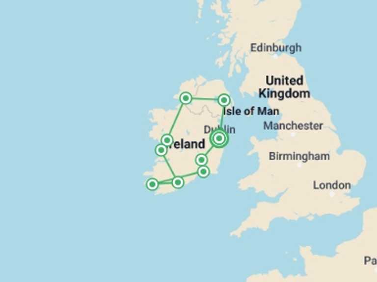Map of Dublin City sightseeing Tour with 10 destination visits for the trip: Best of Ireland