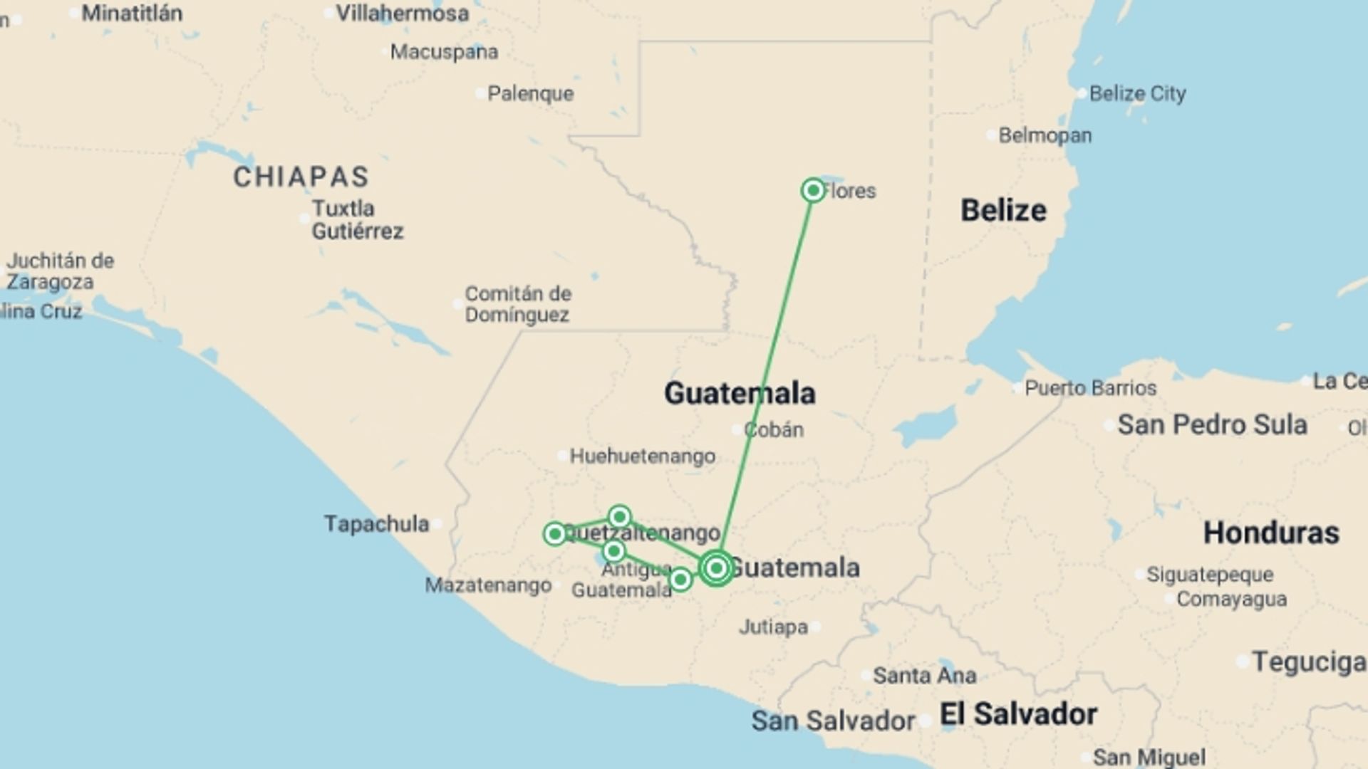 A map showing the tour itinerary for the trip: Guatemala Encompassed, starting in Guatemala City, Guatemala and ending in Guatemala City, Guatemala going through 5 other destinations.