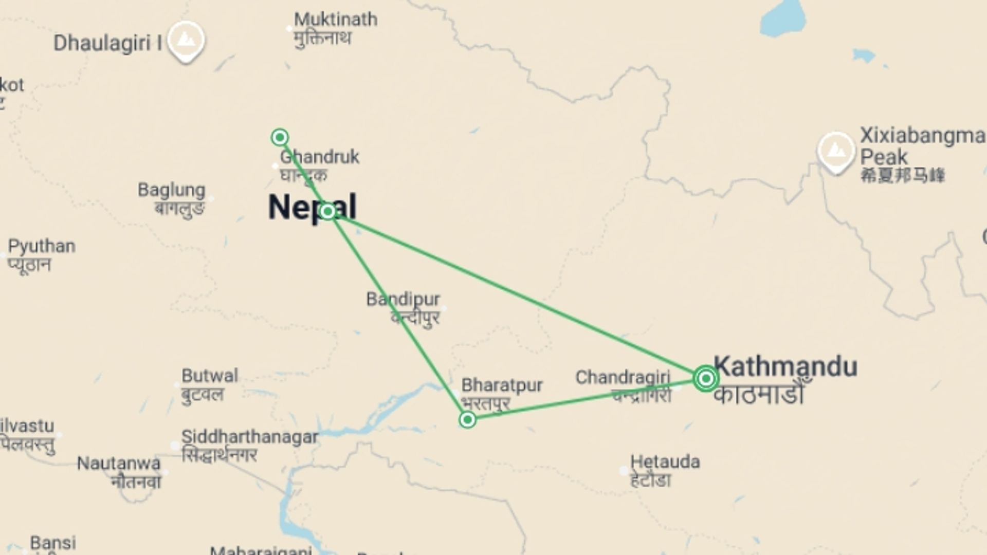 A map showing the tour itinerary for the trip: Nepal See & Experience it all in 8 days, Luxury Tour, starting in Kathmandu, Nepal and ending in Kathmandu, Nepal going through 2 other destinations.