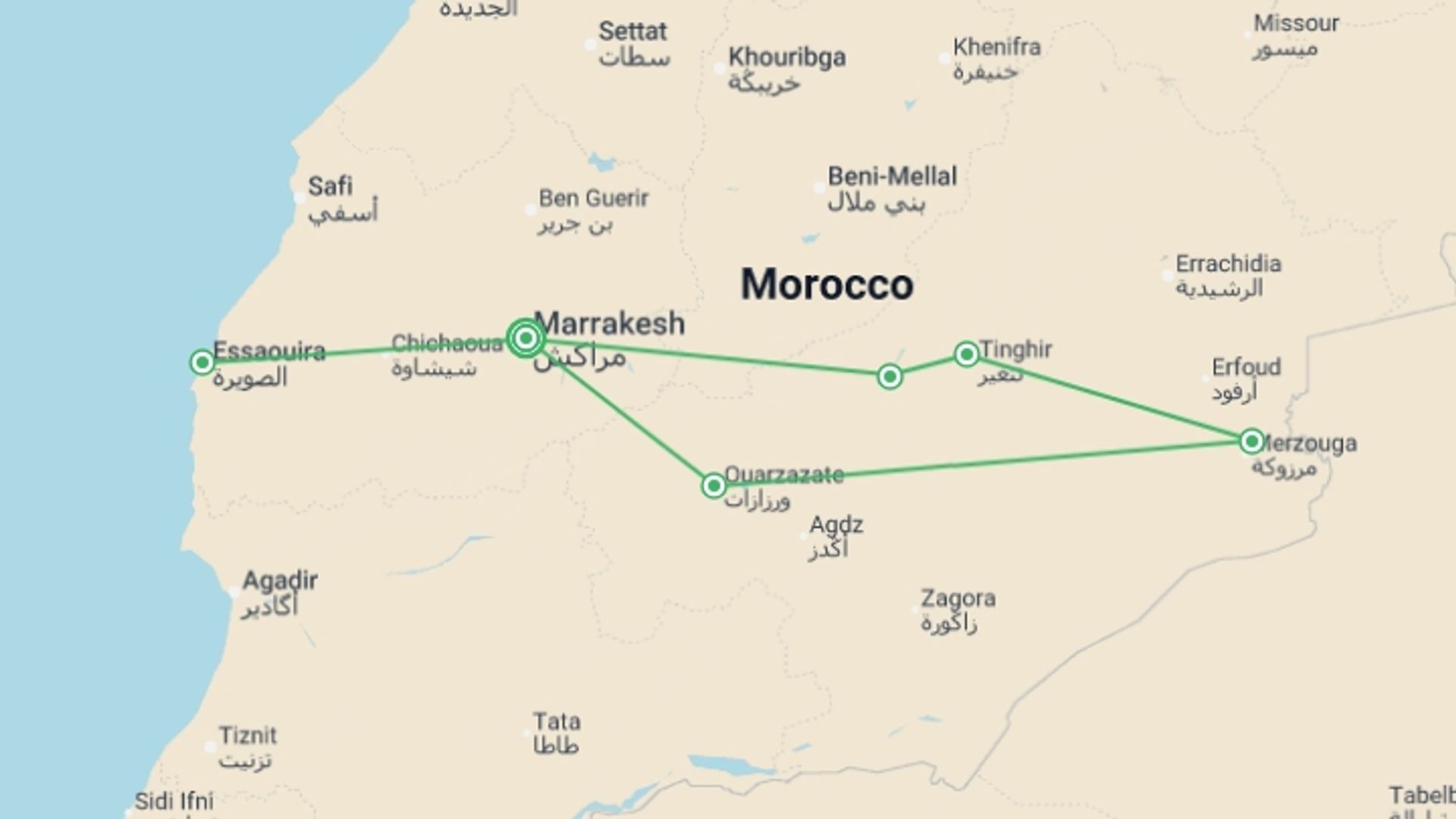 A map showing the tour itinerary for the trip: New Year's in Morocco - 11 Days, starting in Marrakech, Morocco and ending in Marrakech, Morocco going through 5 other destinations.