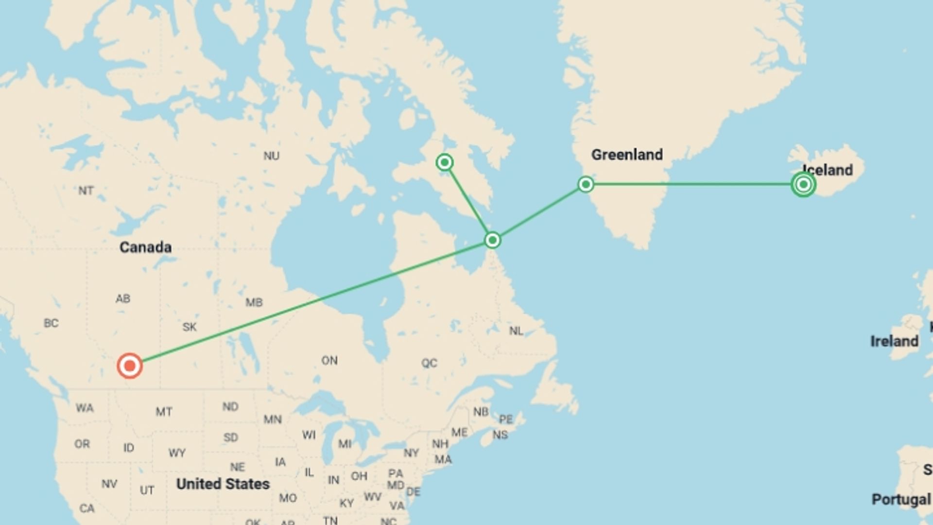 A map showing the tour itinerary for the trip: Northwest Passage: The Legendary Arctic Sea Route, starting in Reykjavik, Iceland and ending in Calgary, Canada going through 4 other destinations.
