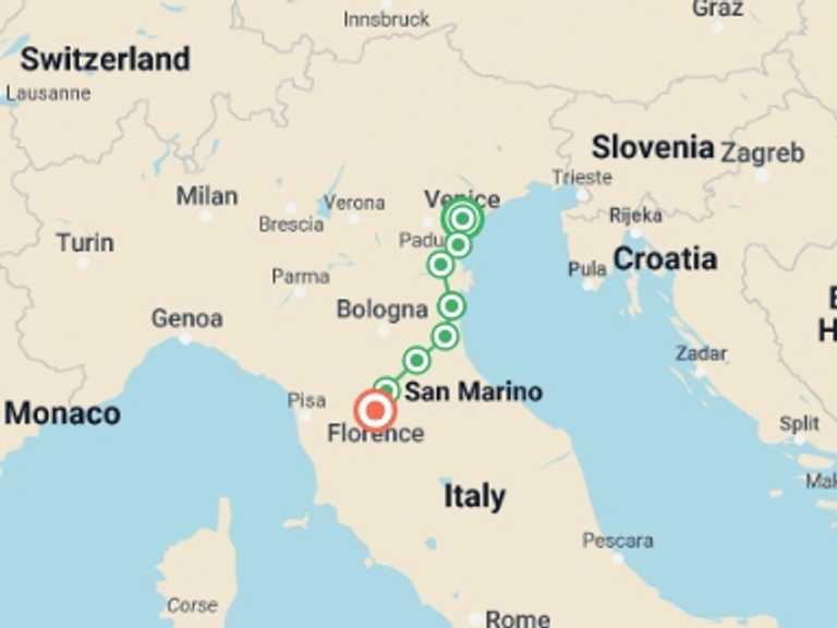 Map of Florence Countryside and village visits Tour with 8 destination visits for the trip: Venice to Florence Cycle