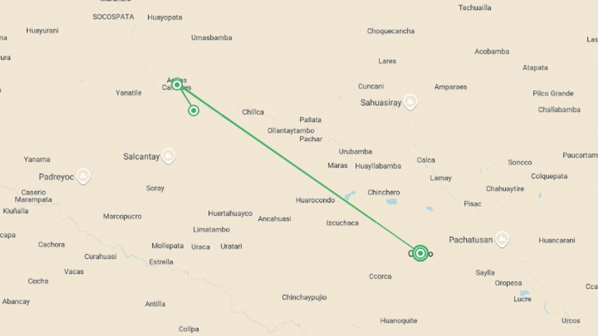 A map showing the tour itinerary for the trip: 7 Day Inca Trail Premium to Machu Picchu, starting in Cusco, Peru and ending in Cusco, Peru going through 3 other destinations.