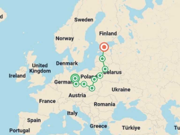 Map of Europe Tour with 9 destination visits for the trip: Berlin to Baltics - 17 days