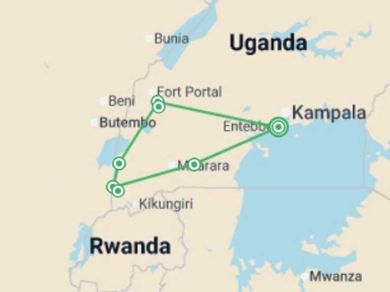 Map of a Gorilla and chimpanzee tracking Tour with 6 destination visits for the trip: Chimps & Gorillas of Uganda
