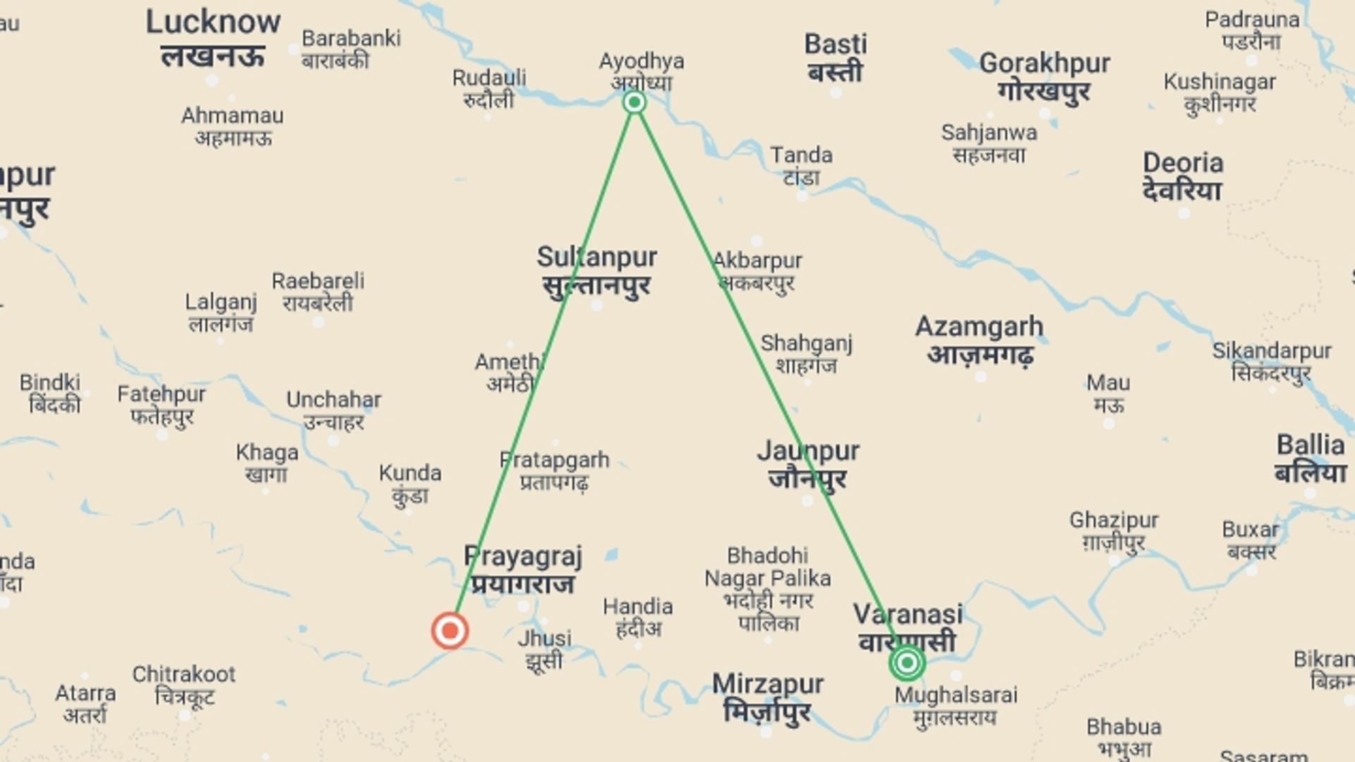 A map showing the tour itinerary for the trip: Varanasi Ayodhya Prayagraj Tour, starting in Varanasi, India and ending in Prayagraj, India going through 1 other destinations.