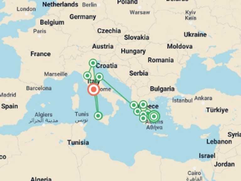 Map of 16-Day Florence Tour with 10 destination visits for the trip: Highlights of Greece and Southern Italy