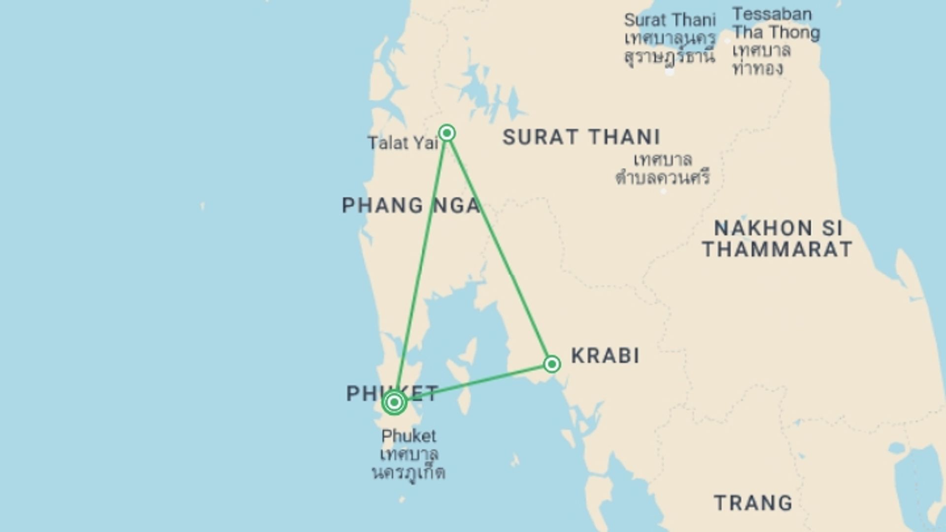 A map showing the tour itinerary for the trip: Southern Thailand Family Holiday, starting in Phuket, Thailand and ending in Phuket, Thailand going through 2 other destinations.