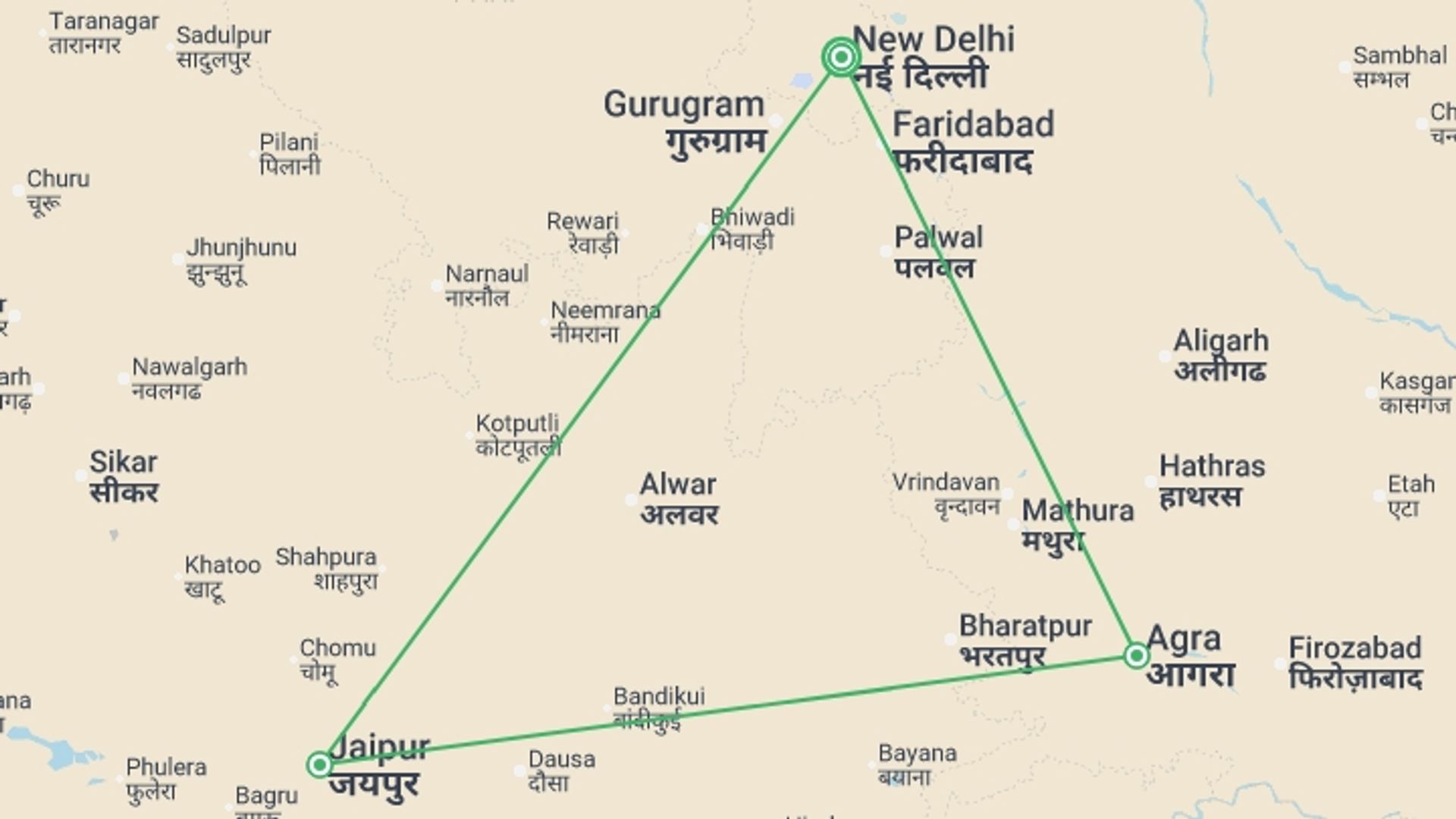 A map showing the tour itinerary for the trip: India Golden Triangle Family Holiday Comfort, starting in New Delhi, India and ending in New Delhi, India going through 2 other destinations.