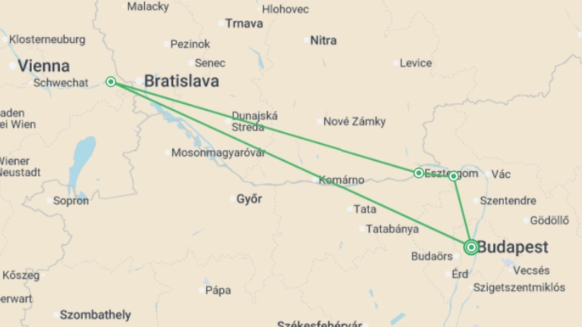 A map showing the tour itinerary for the trip: The Soul of the Danube, Between Hungarian and Slavic Cultures (port-to-port cruise), starting in Budapest, Hungary and ending in Budapest, Hungary going through 2 other destinations.