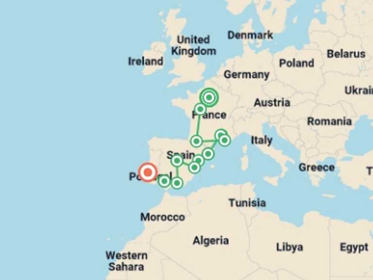 Map itinerary of Europe Tour in Spring with 9 destination visits for the trip: Paris, Lourdes, Côte d'Azur, Provence with Spain and Lisbon
