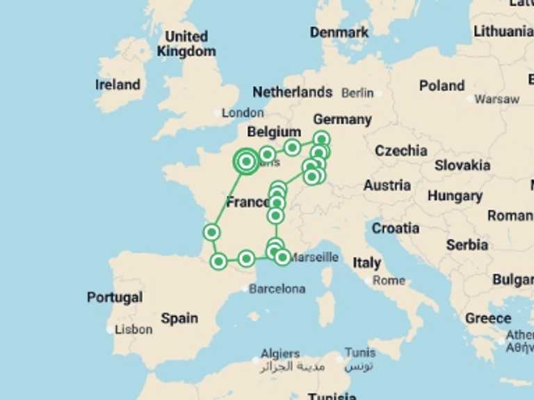 Map itinerary of Europe Tour in Spring with 8 destination visits for the trip: Dreaming of France and the Black Forest