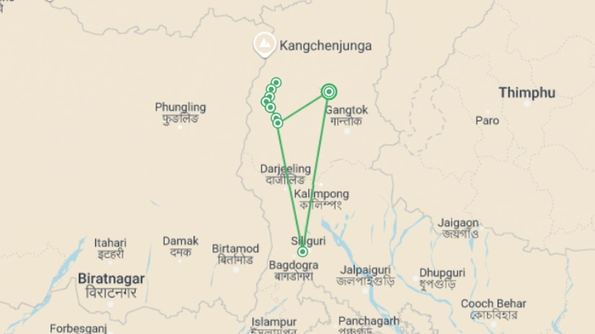 A map showing the tour itinerary for the trip: Sikkim Goechala Trek, starting in Sikkim & Northeast India, India and ending in Sikkim & Northeast India, India going through 10 other destinations.
