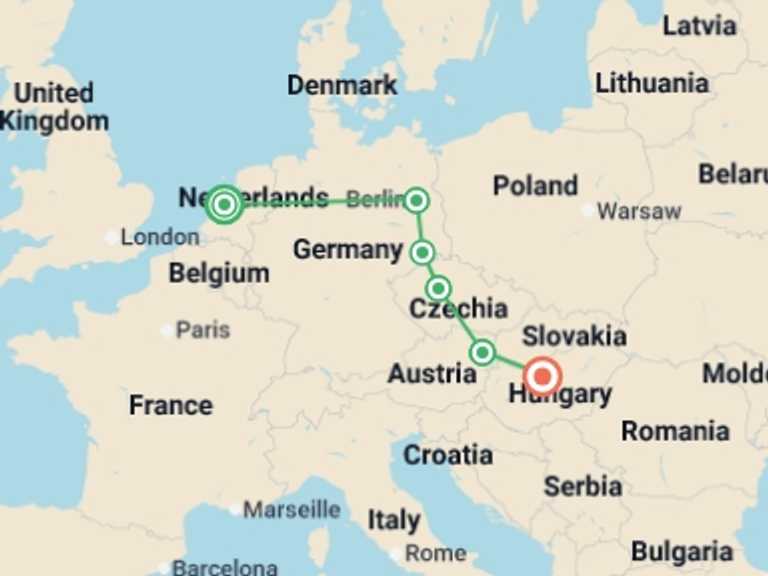 Map itinerary of Vienna Tour in Summer with 5 destination visits for the trip: Amsterdam to Budapest Rail Explorer