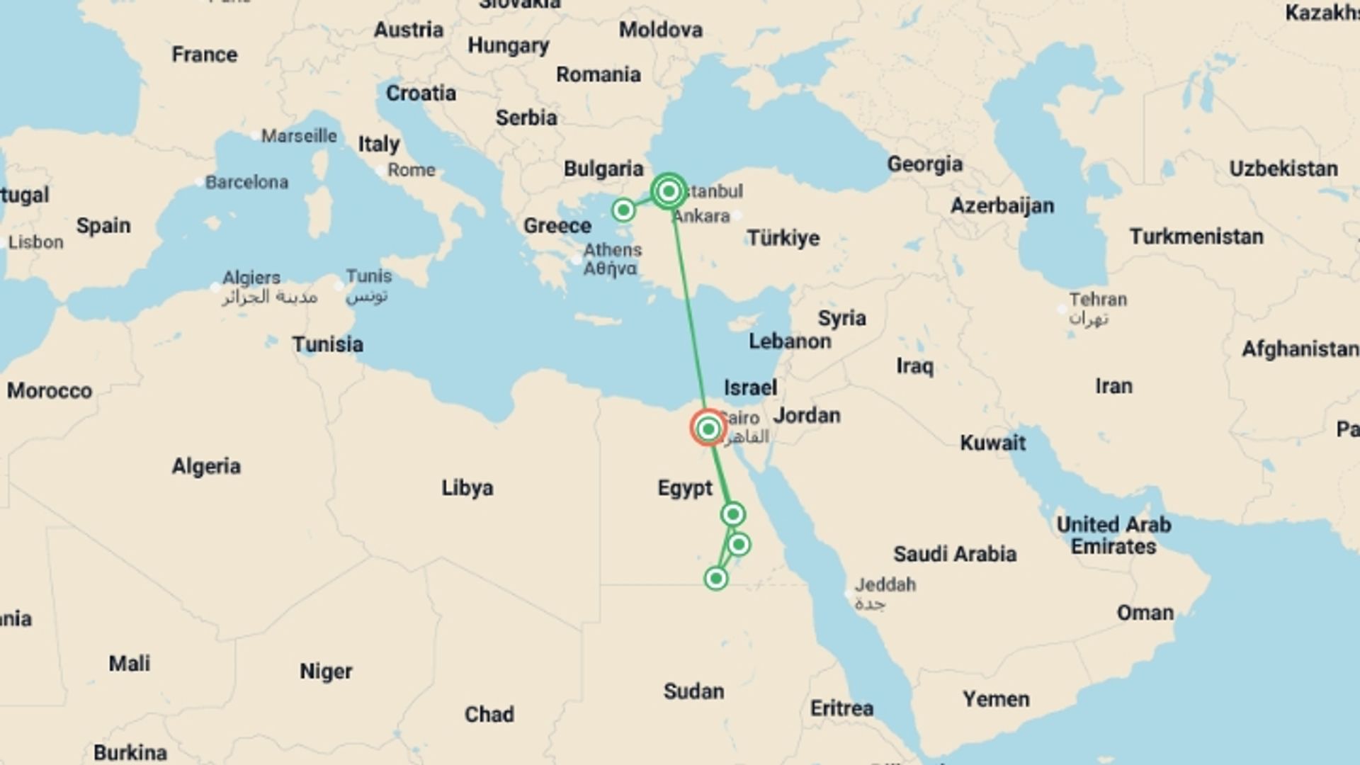 A map showing the tour itinerary for the trip: Essential ANZAC & Egypt 2027 - 11 days, starting in Istanbul, Turkey and ending in Cairo, Egypt going through 7 other destinations.