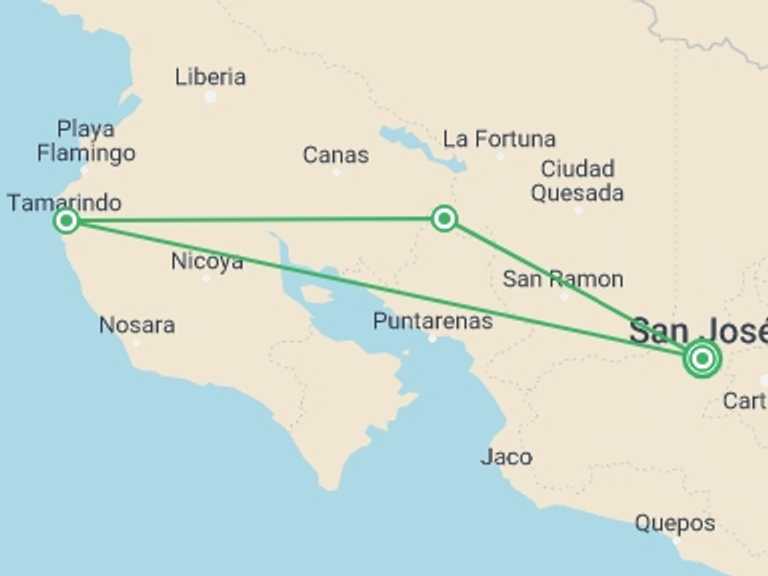 Map of San Jose Beach Tour with 3 destination visits for the trip: Costa Rica Natural Paradise