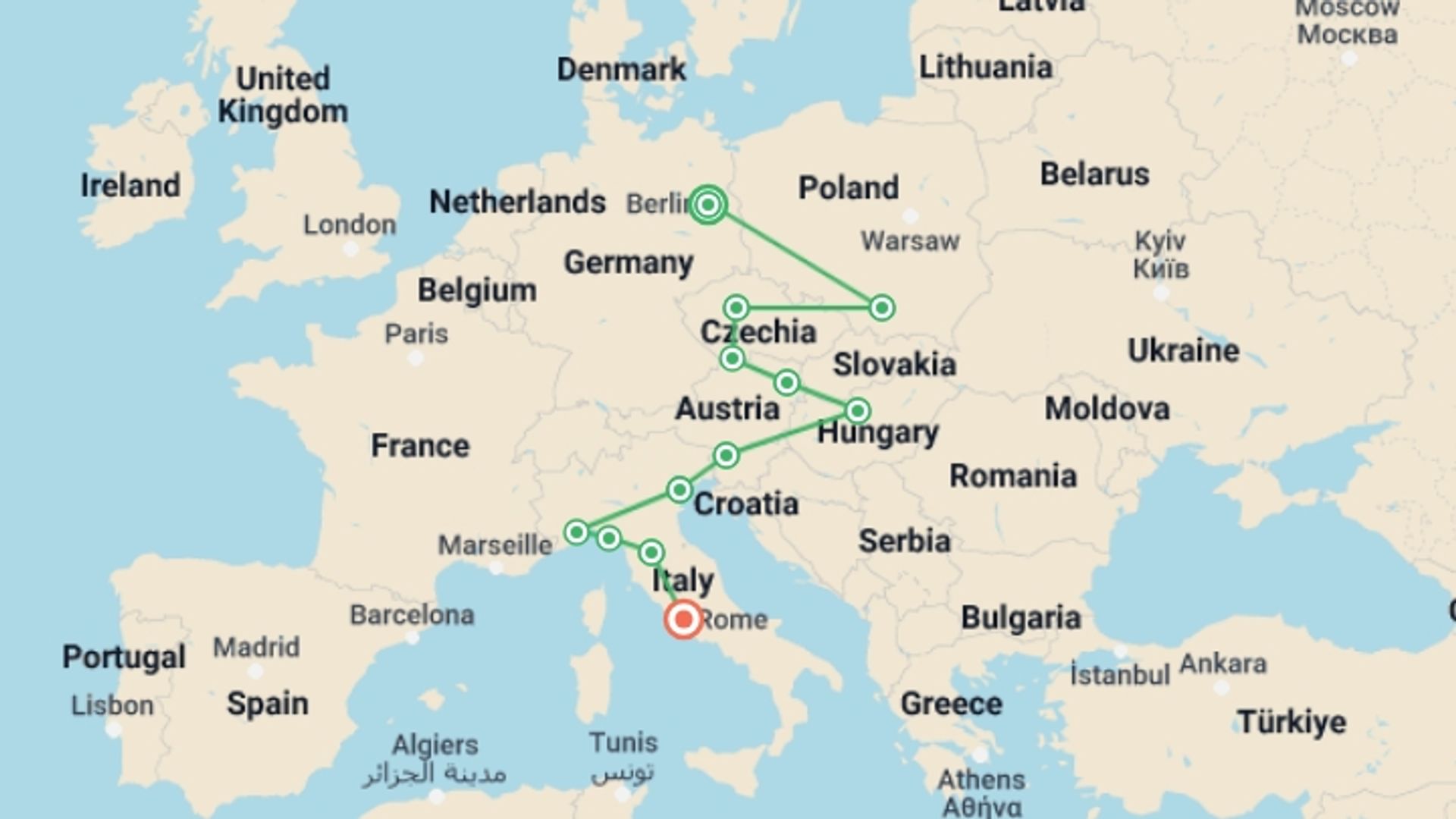 A map showing the tour itinerary for the trip: Berlin to Rome, starting in Berlin, Germany and ending in Rome, Italy going through 10 other destinations.