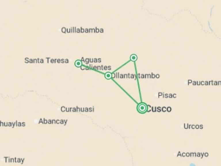 Map of Cusco Adventure Tour with 3 destination visits for the trip: Lares Express Trek to Machu Picchu 3D/2N