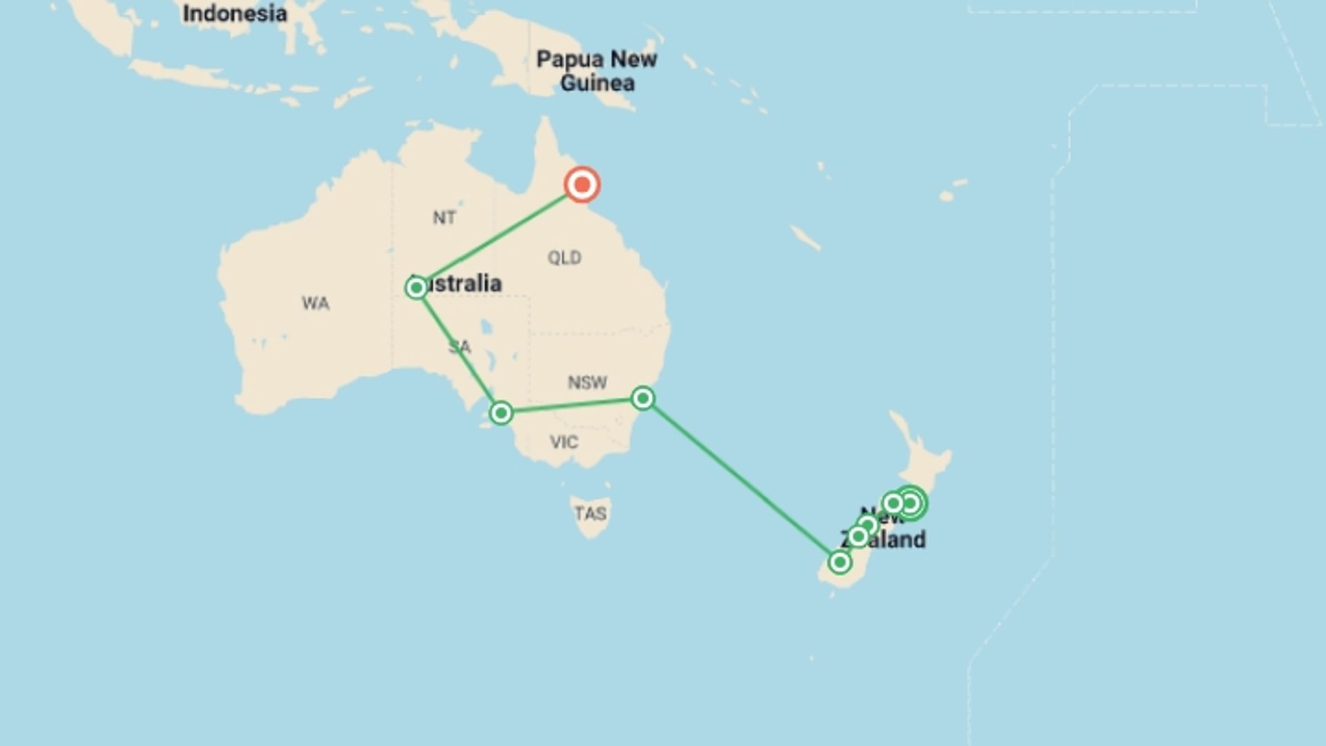 A map showing the tour itinerary for the trip: Australia and New Zealand Uncovered , starting in Wellington, New Zealand and ending in Cairns, Australia going through 7 other destinations.