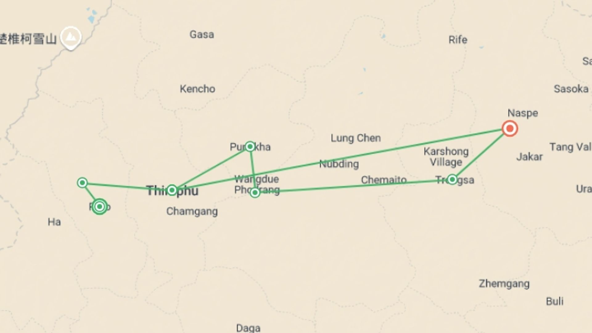 A map showing the tour itinerary for the trip: Central Bhutan Premium Small Group Tour, starting in Paro, Bhutan and ending in Bumthang district, Bhutan going through 4 other destinations.
