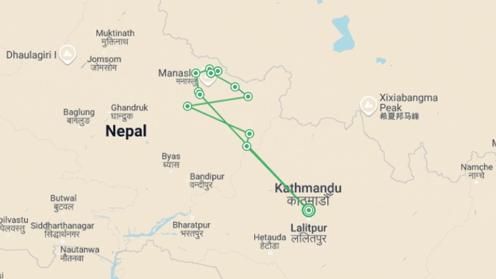 A map showing the tour itinerary for the trip:  Manaslu Circuit Trek: 13 Days, starting in Kathmandu, Nepal and ending in Kathmandu, Nepal going through 12 other destinations.