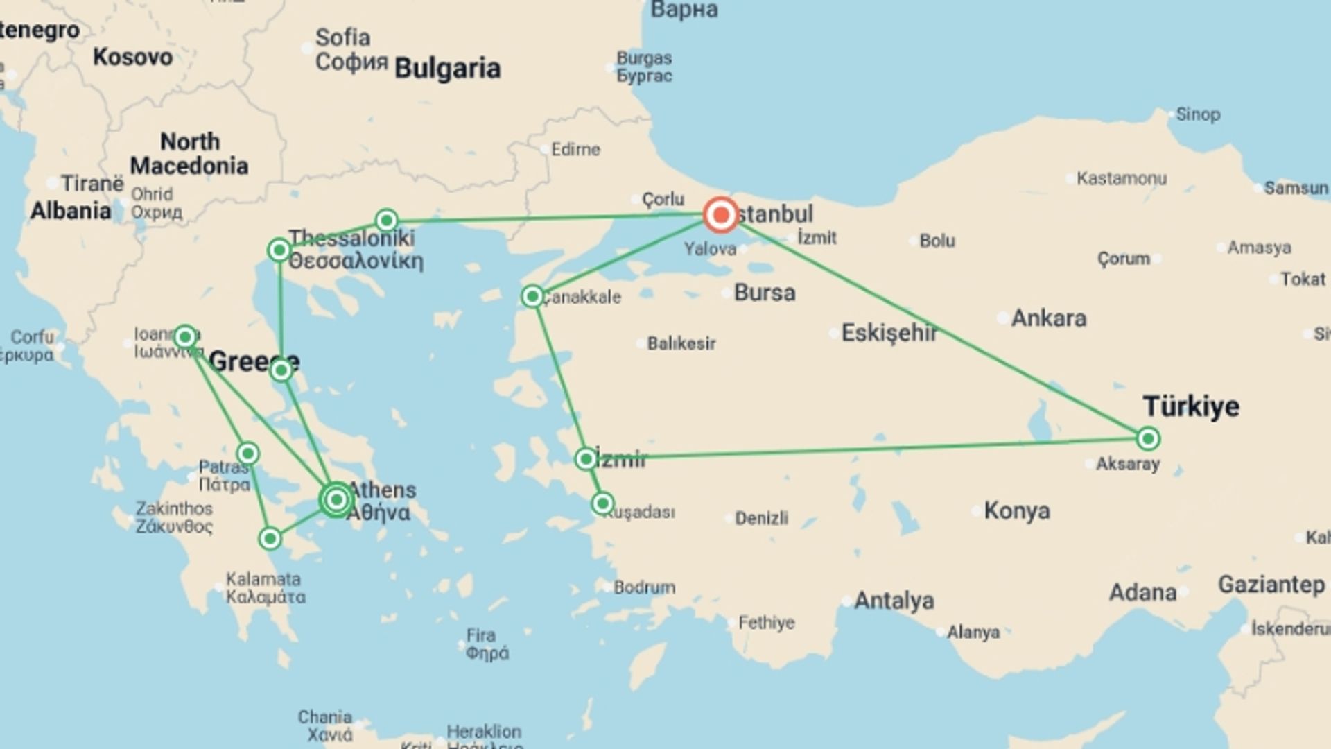 A map showing the tour itinerary for the trip: Classic Greece to Turkey Adventure, starting in Athens, Greece and ending in Istanbul, Turkey going through 10 other destinations.