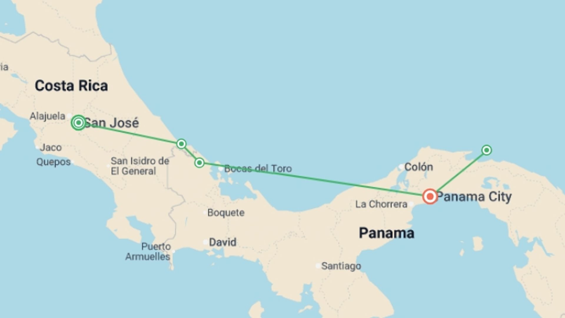 A map showing the tour itinerary for the trip: San Jose to Panama City Travel Pass, starting in San Jose, Costa Rica and ending in Panama City, Panama going through 3 other destinations.