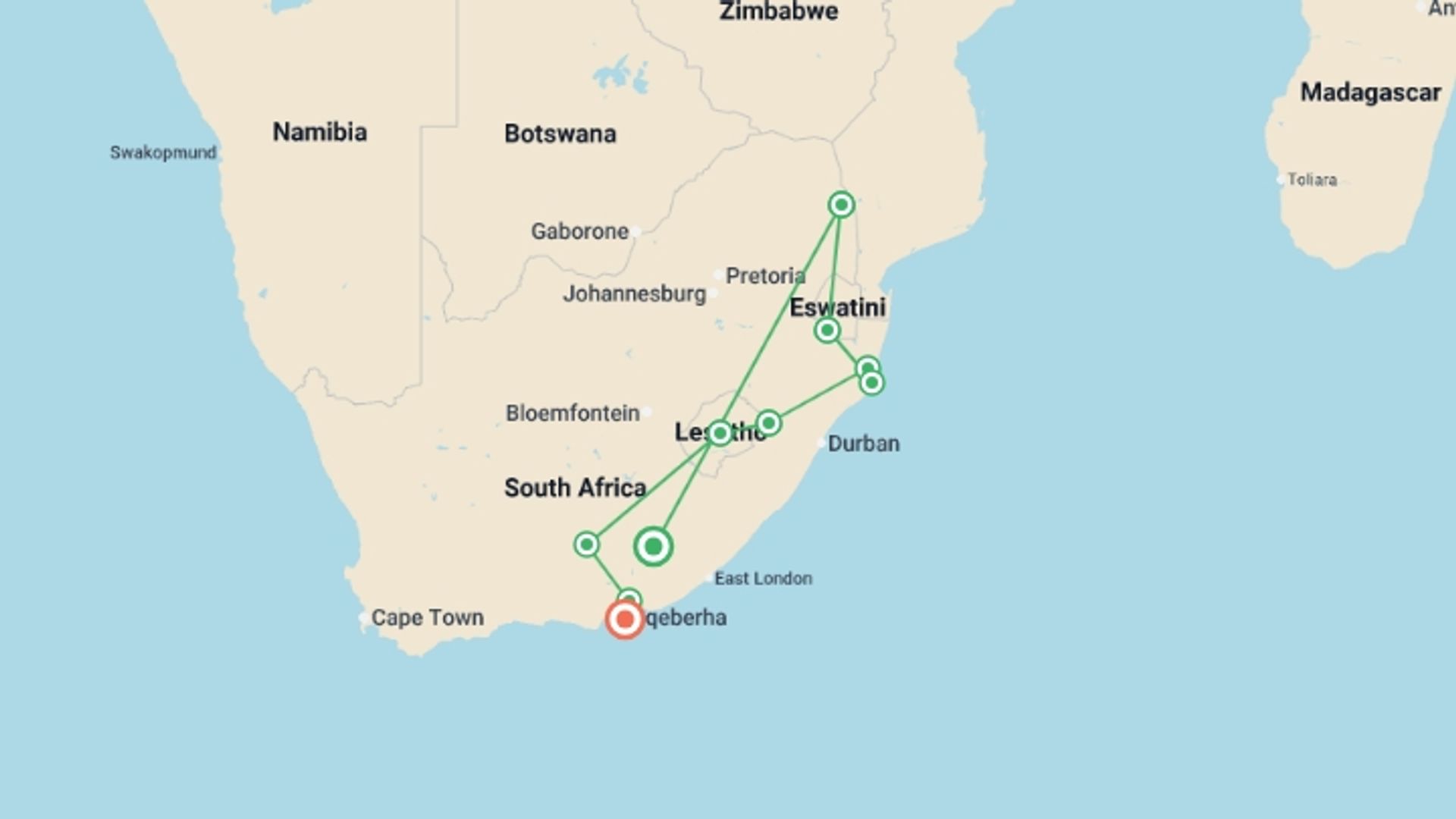 A map showing the tour itinerary for the trip: Kruger, eSwatini & Lesotho, starting in Eastern Cape, South Africa and ending in Gqeberha, South Africa going through 9 other destinations.