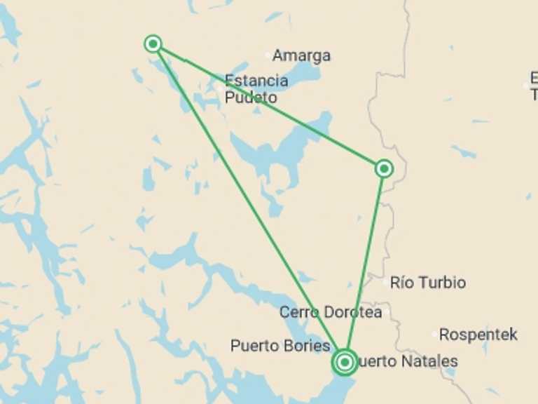 Map of Patagonia Trekking and Hiking Tour with 3 destination visits for the trip: Torres del Paine W Express Trek 4D/3N (Self-Guided)
