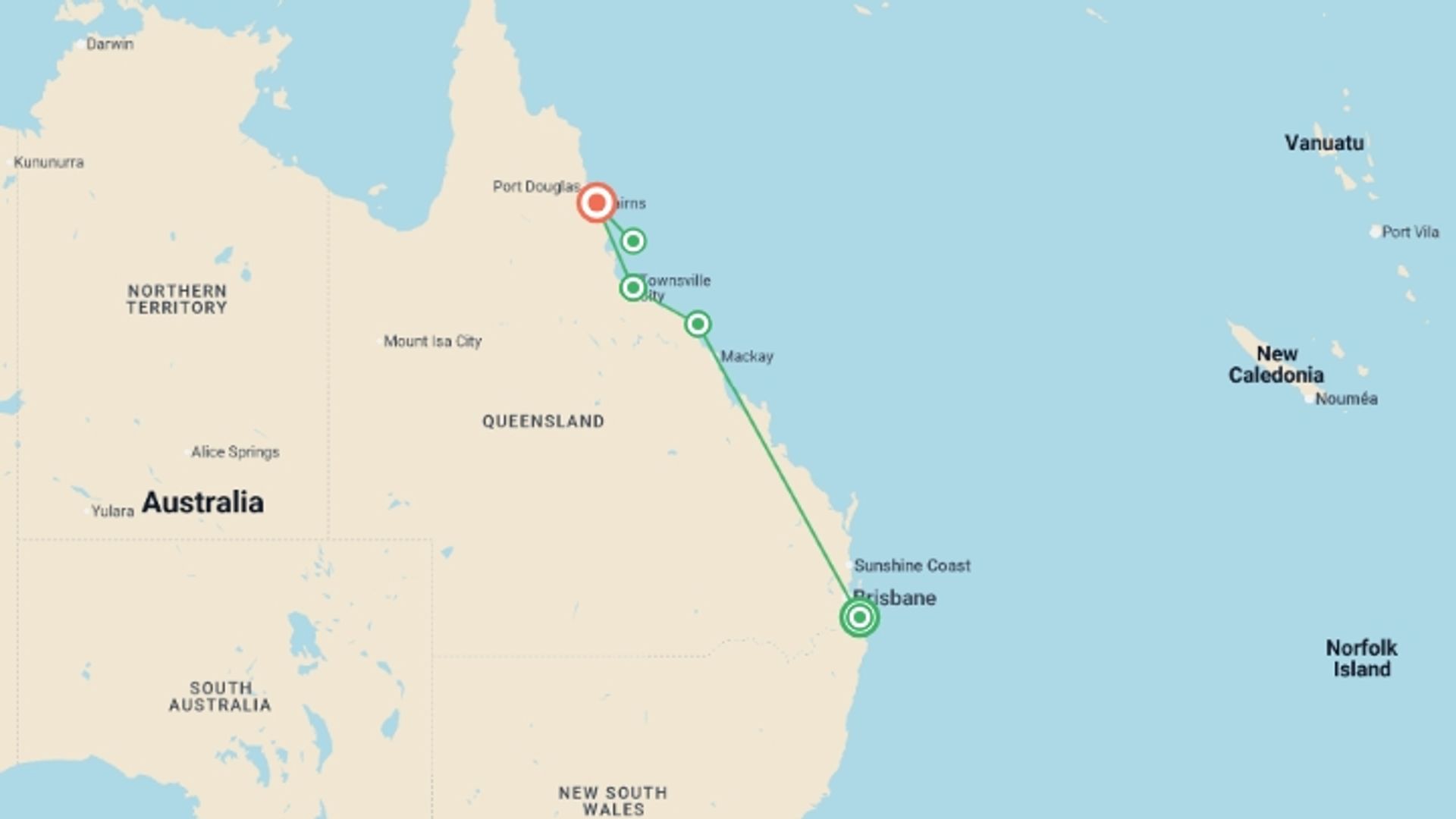 A map showing the tour itinerary for the trip: Tropical Queensland: Gold Coast to Cairns, starting in undefined, Australia and ending in undefined, Australia going through 0 other destinations.