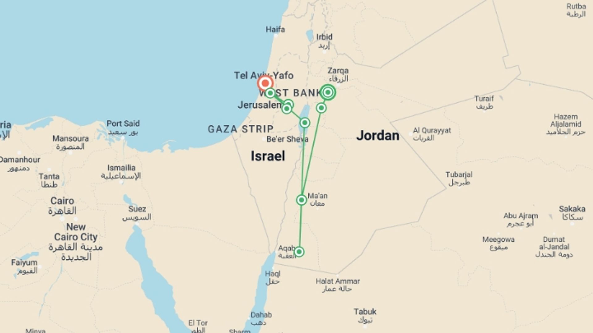 A map showing the tour itinerary for the trip: Jordan, Israel & Palestine Discovery, starting in Amman, Jordan and ending in Tel Aviv, Israel going through 5 other destinations.