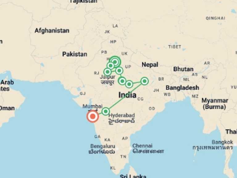 Map of India Art and architecture Tour with 11 destination visits for the trip: North India & Ajanta Ellora Caves Tour
