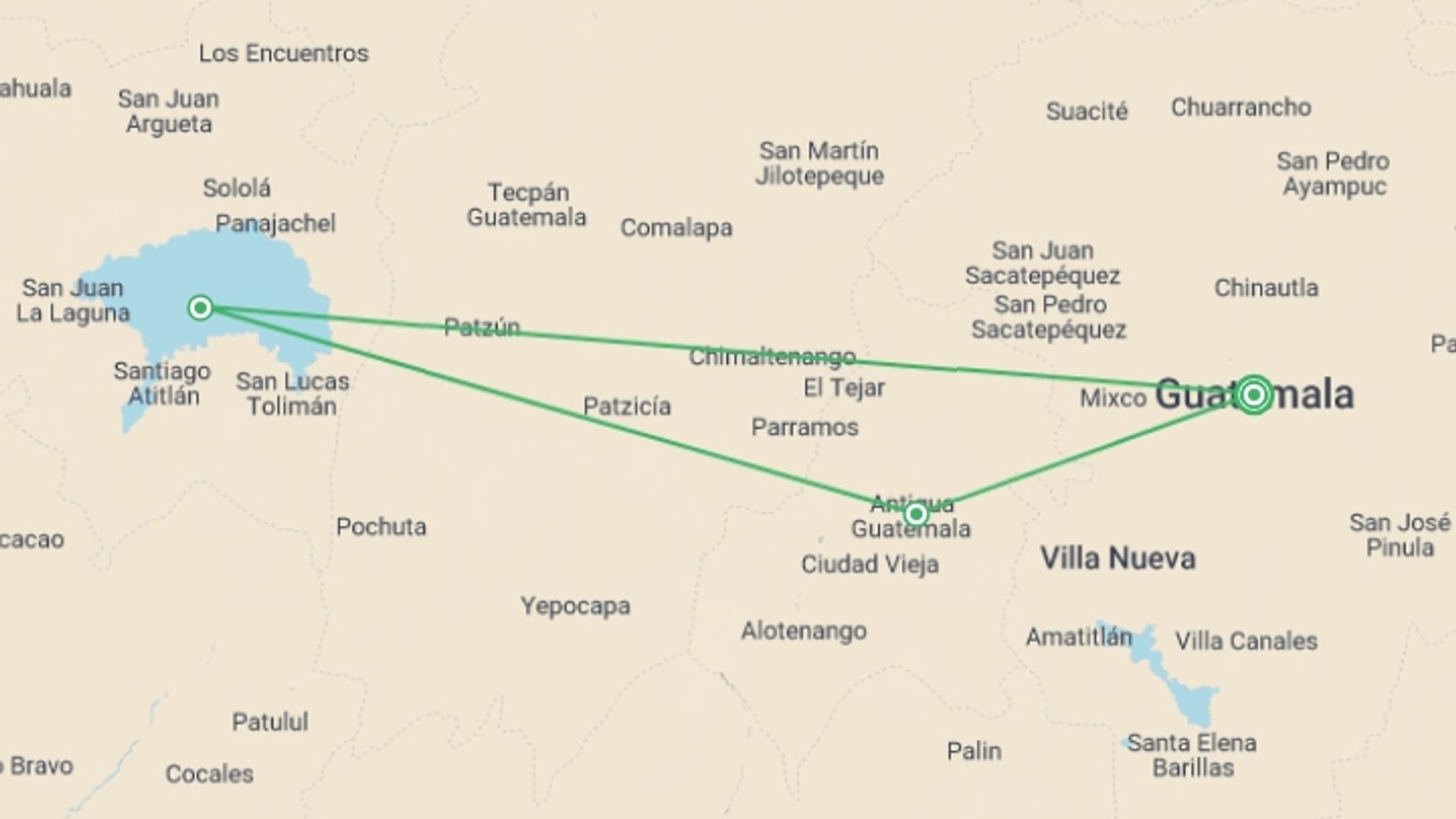 A map showing the tour itinerary for the trip: Glimpse of Guatemala 5D/4N, starting in Guatemala City, Guatemala and ending in Guatemala City, Guatemala going through 1 other destinations.