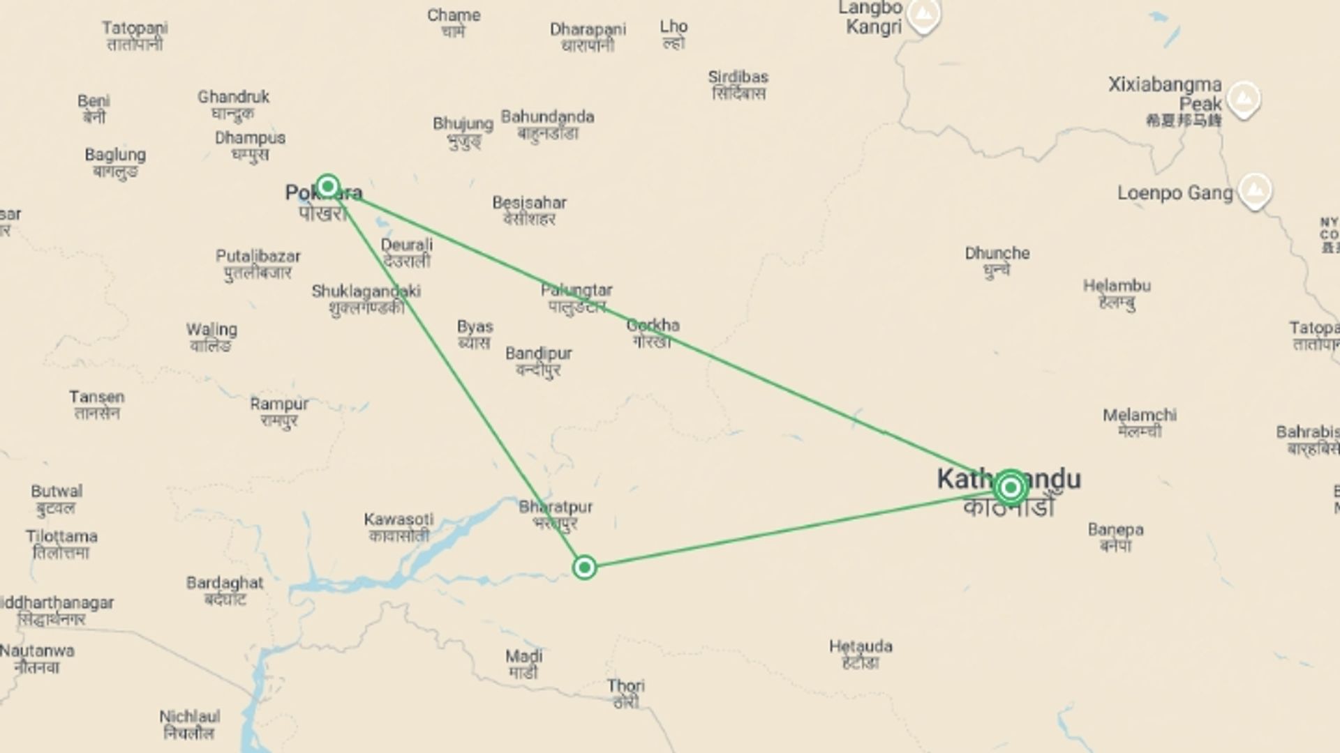A map showing the tour itinerary for the trip: Premium Nepal, starting in Kathmandu, Nepal and ending in Kathmandu, Nepal going through 2 other destinations.