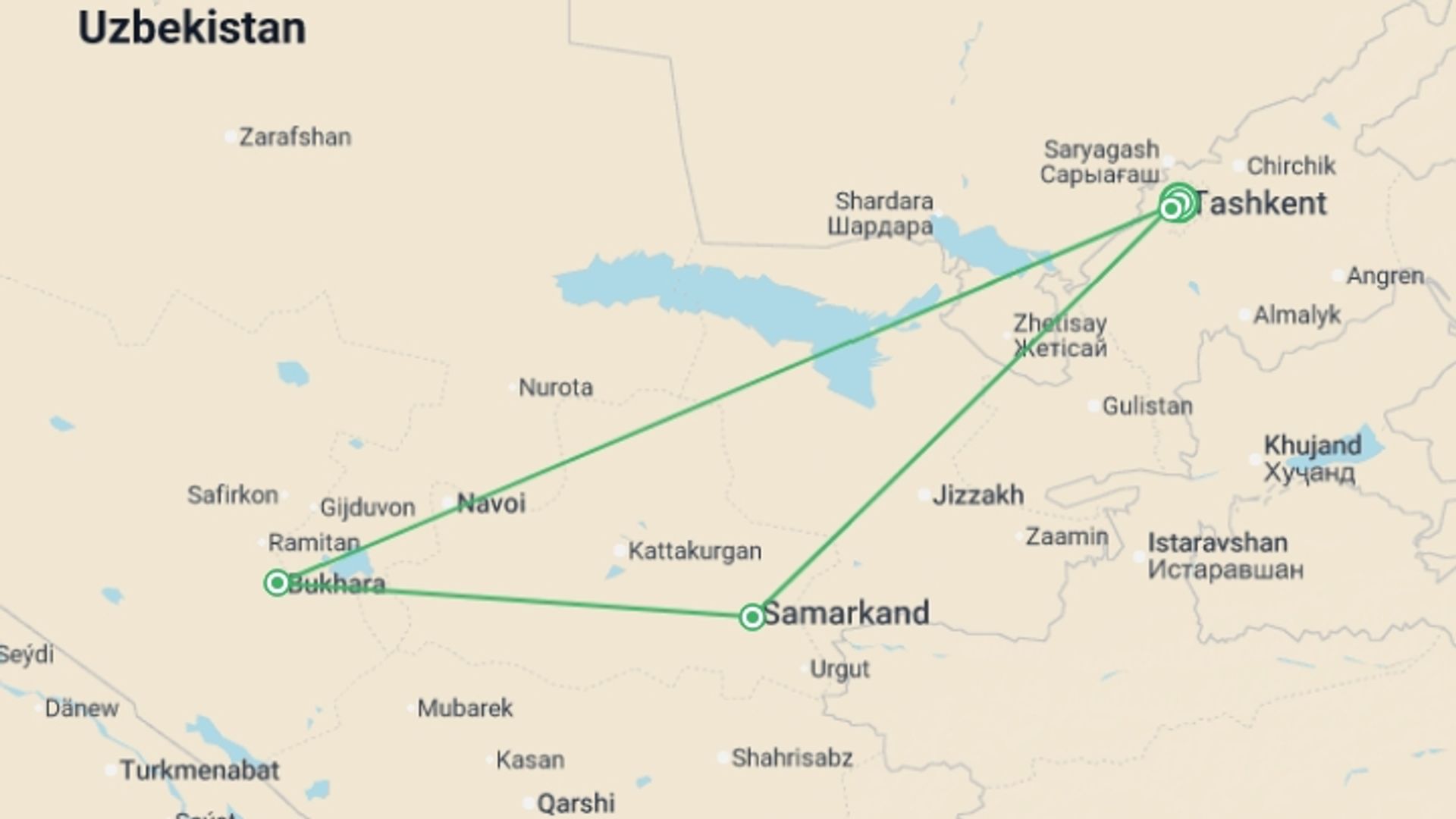 A map showing the tour itinerary for the trip: Splendours of Uzbekistan, starting in Tashkent, Uzbekistan and ending in Tashkent, Uzbekistan going through 2 other destinations.