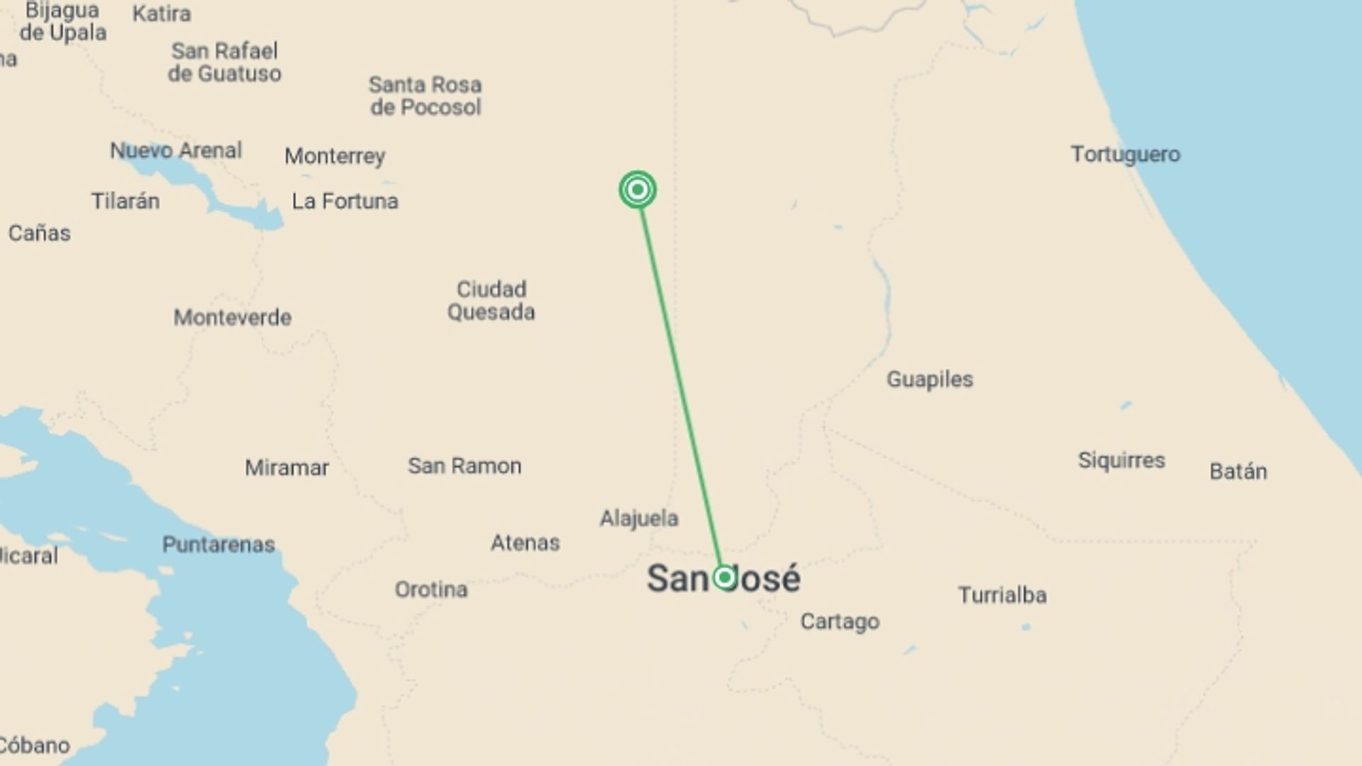 A map showing the tour itinerary for the trip: 3-day Sarapiqui With White River Rafting, Short Break, starting in Sarapiqui, Costa Rica and ending in San Jose, Costa Rica going through 0 other destinations.