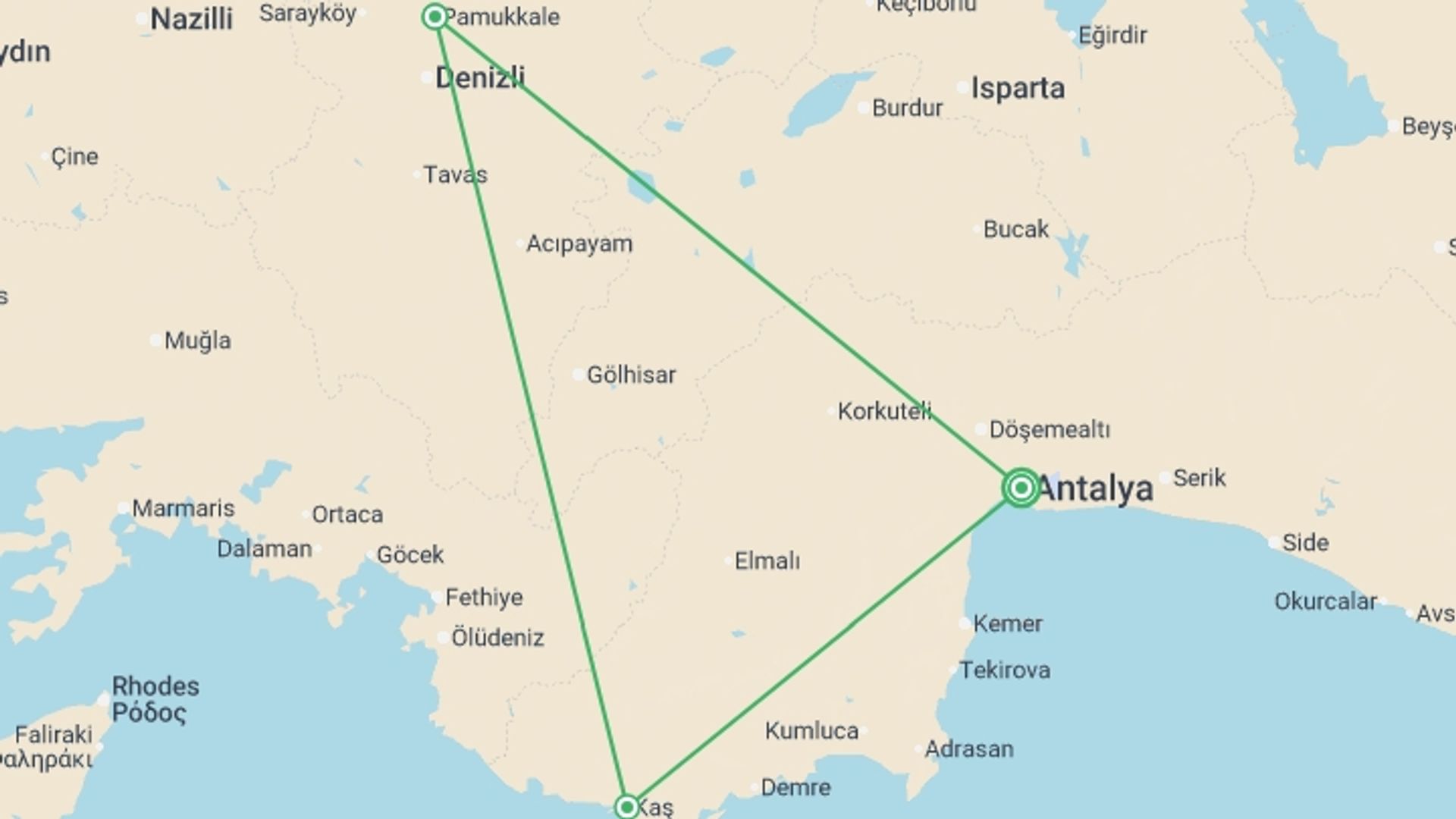 A map showing the tour itinerary for the trip: Antalya, Pamukkale And Kas, Self-drive, starting in Antalya, Turkey and ending in Antalya, Turkey going through 2 other destinations.