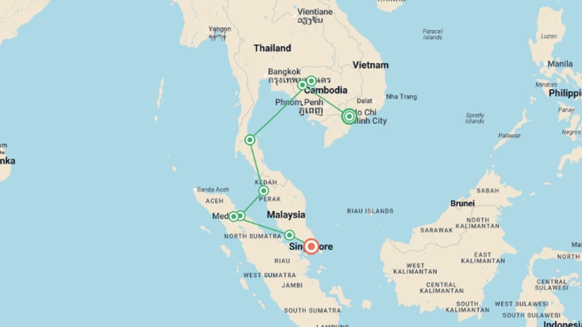 A map showing the tour itinerary for the trip: HO CHI MINH CITY TO SINGAPORE (44 days) South East, starting in Ho Chi Minh City, Vietnam and ending in Singapore, Singapore going through 7 other destinations.