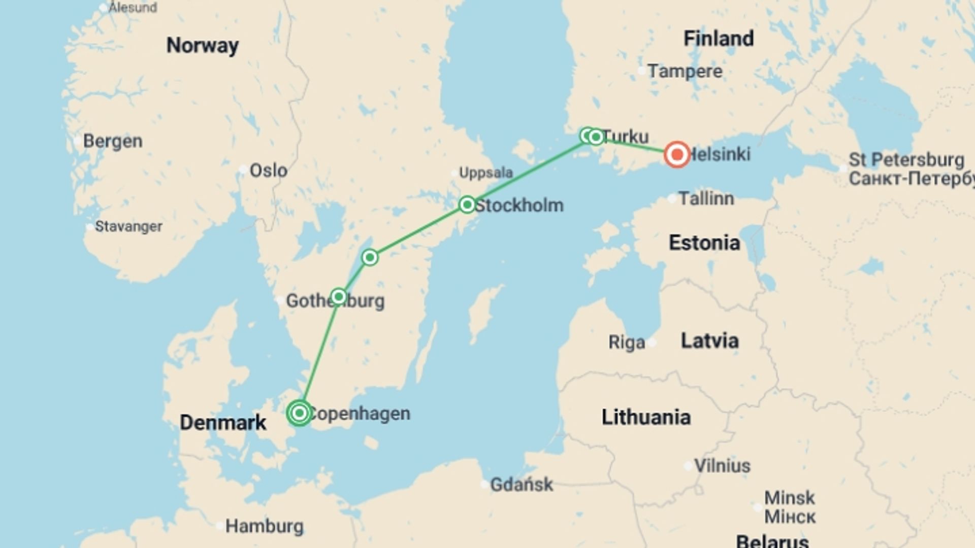 A map showing the tour itinerary for the trip: Jewels of Scandinavia End Helsinki, starting in Copenhagen, Denmark and ending in Helsinki, Finland going through 2 other destinations.