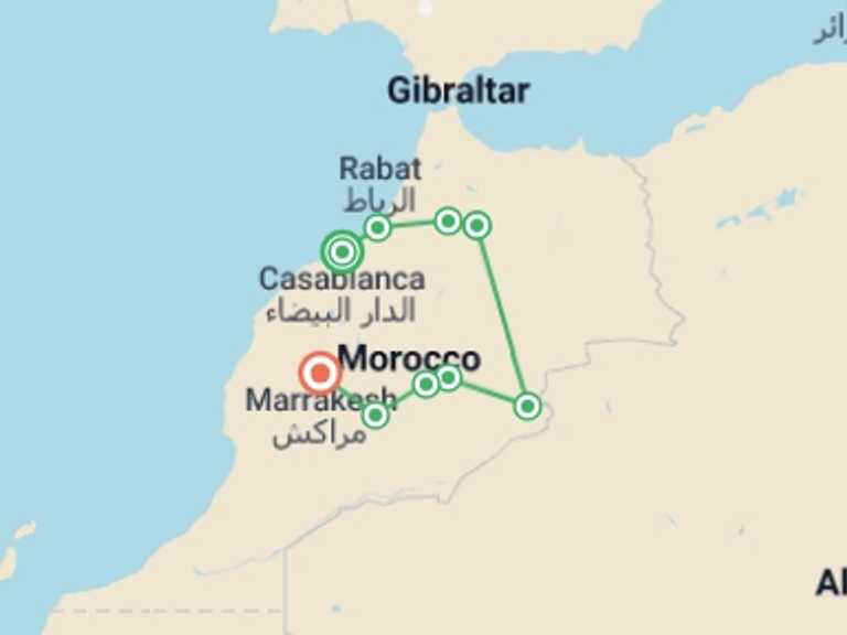 Map of Marrakech Tour with 10 destination visits for the trip: 8 Day Morocco Tour from Casablanca: Atlas & Sahara Tour