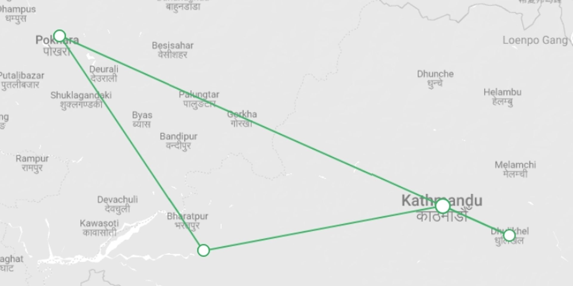 A map showing the tour itinerary for the trip: Picturesque Solo Nepal Tour, starting in Kathmandu, Nepal and ending in Kathmandu, Nepal going through 3 other destinations.